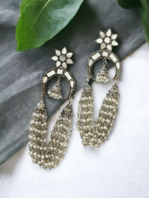 Oxidised pearl hanging earrings with mirror detailing