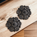 German silver black stone stud earrings front view
