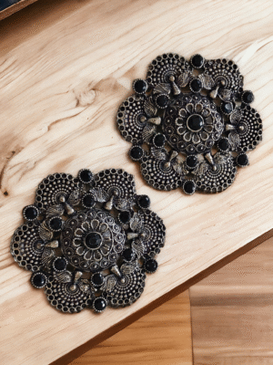 German silver black stone stud earrings front view