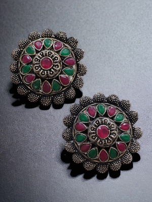 Floral studs with pink and green kundan stones
