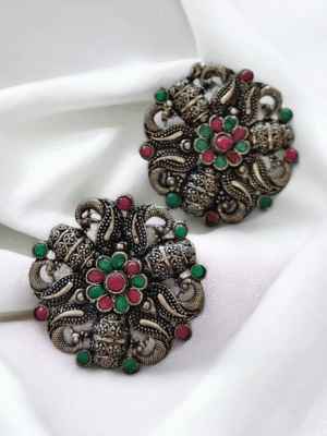 Peacock stud earrings in oxidised German silver Silver Peacock Studs