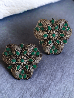 German silver green stone stud earrings