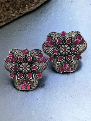 Oxidised German silver stud earrings close-up