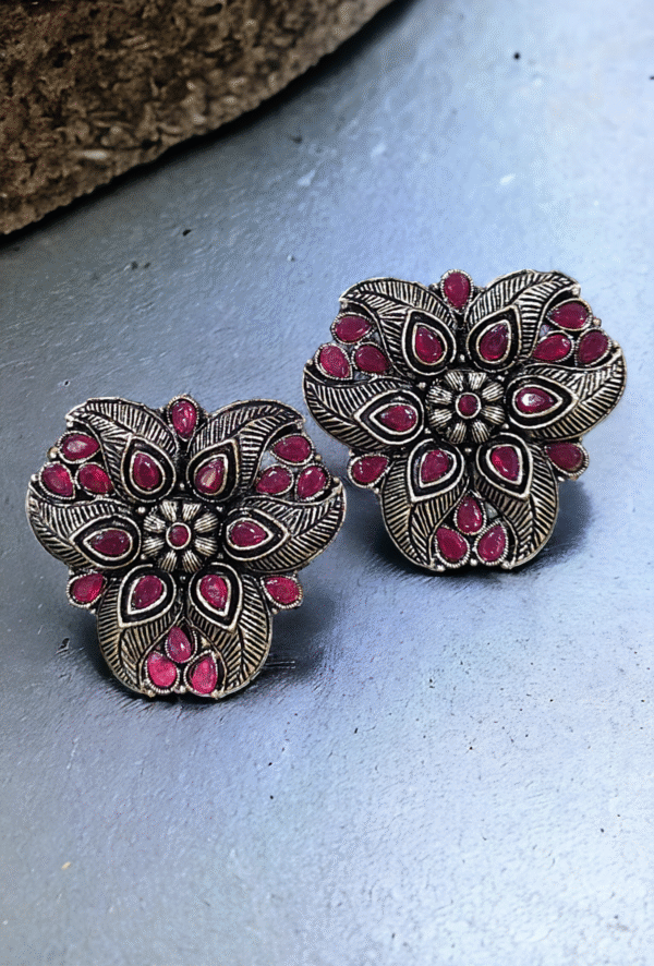 Oxidised German silver stud earrings close-up