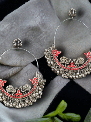 Designer peacock chandbali earrings silver tone