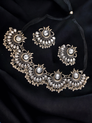 Crescent moon oxidized necklace with earrings