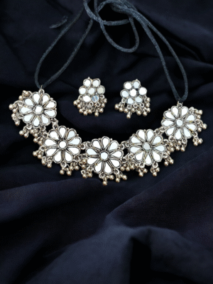 Floral mirror oxidized necklace and earring set