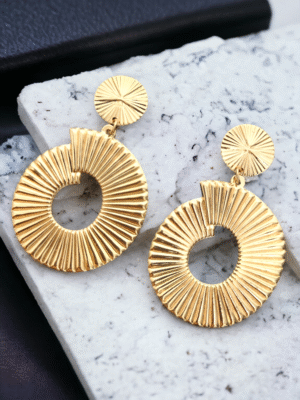Golden Round Danglers Statement Earrings - trendy statement fashion earrings