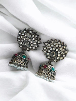 oxidized pearl charm jhumkas
