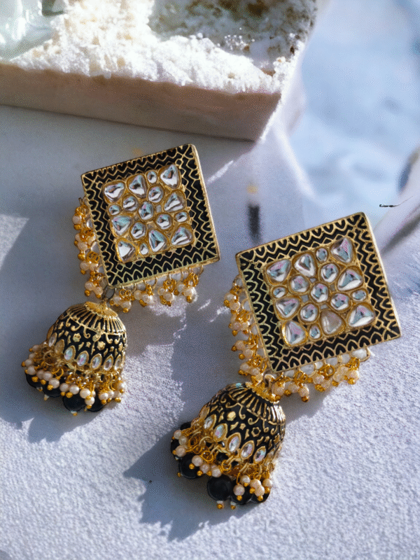 pearl hanging meenakari jhumki earrings