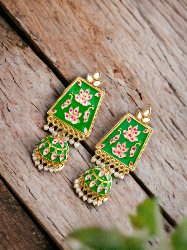 meenakari jhumkis with pearl hanging design