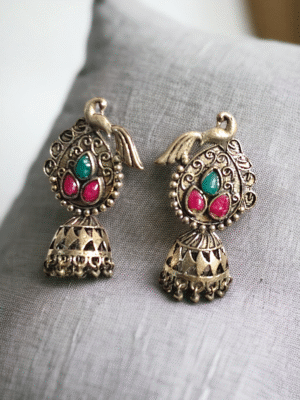 oxidized peacock design jhumki earrings