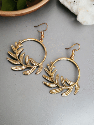 golden leaf hoop earrings with hangings