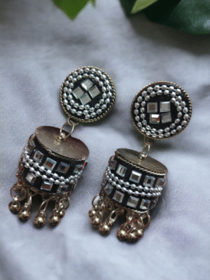 oxidized pearl mirror jhumki earrings