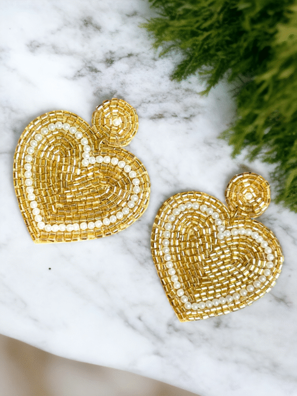 Golden heart handmade earrings with embroidery