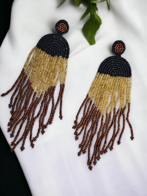 Black and gold embroidered tassel earrings