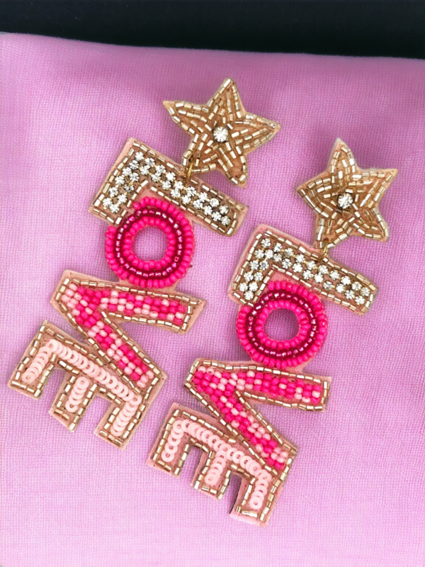 Love word handmade earrings with pink accents