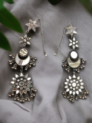 Long oxidized floral crescent earrings