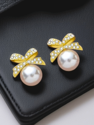 Korean earrings with bow and pearl